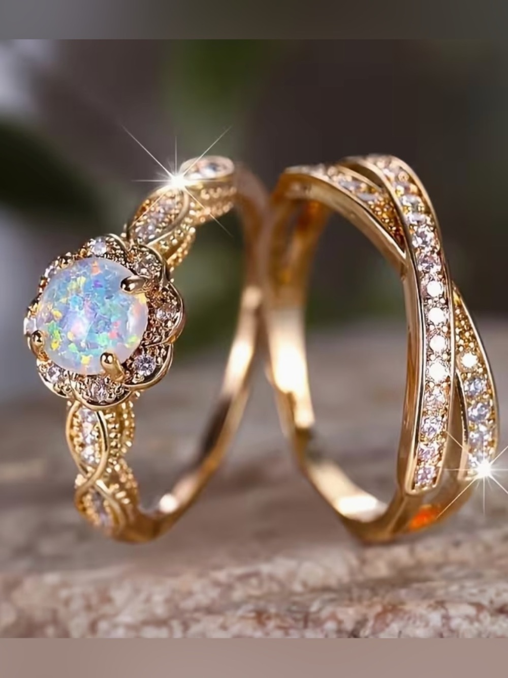 Gold Opal Floral Halo Bridal White Ring. - Picture 4 of 8